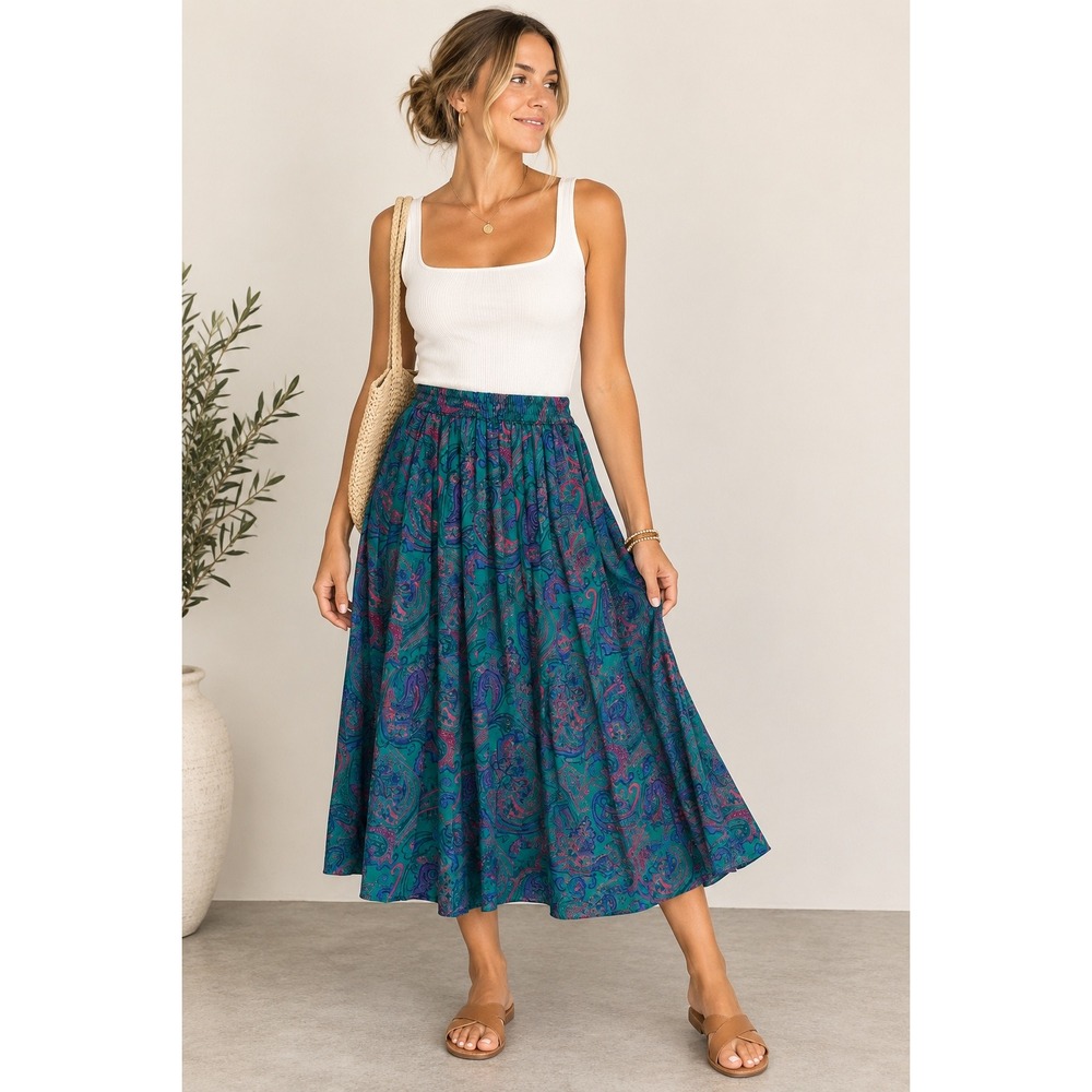 Alfred Dunner Petite 14 Teal Paisley Pleated Midi Skirt Elastic Waist Vintage